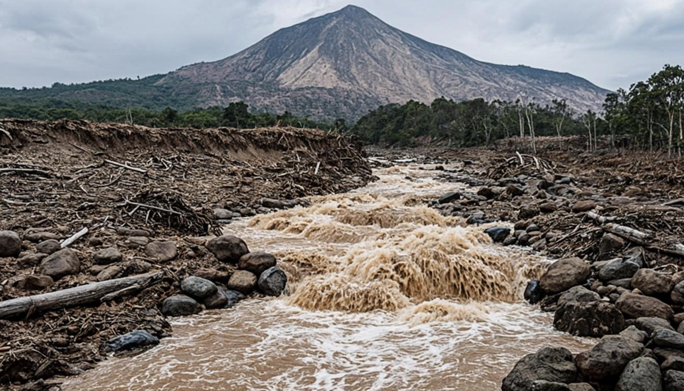 Lahar dingin mengalir di sungai dari lereng Semeru